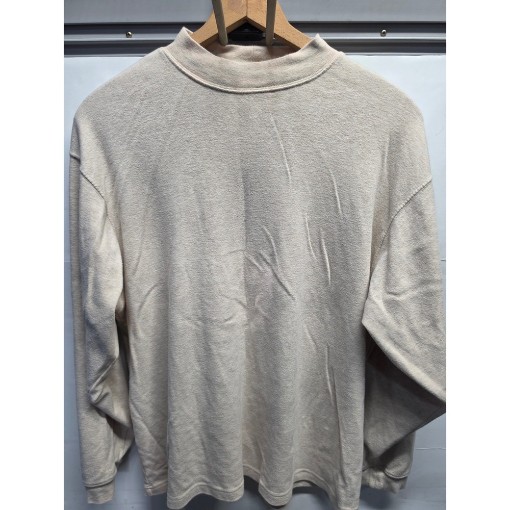 Puritan Mens 2XL Oatmeal Heather Mock Neck Long Sleeve 100% Cotton T-Shirt Beige